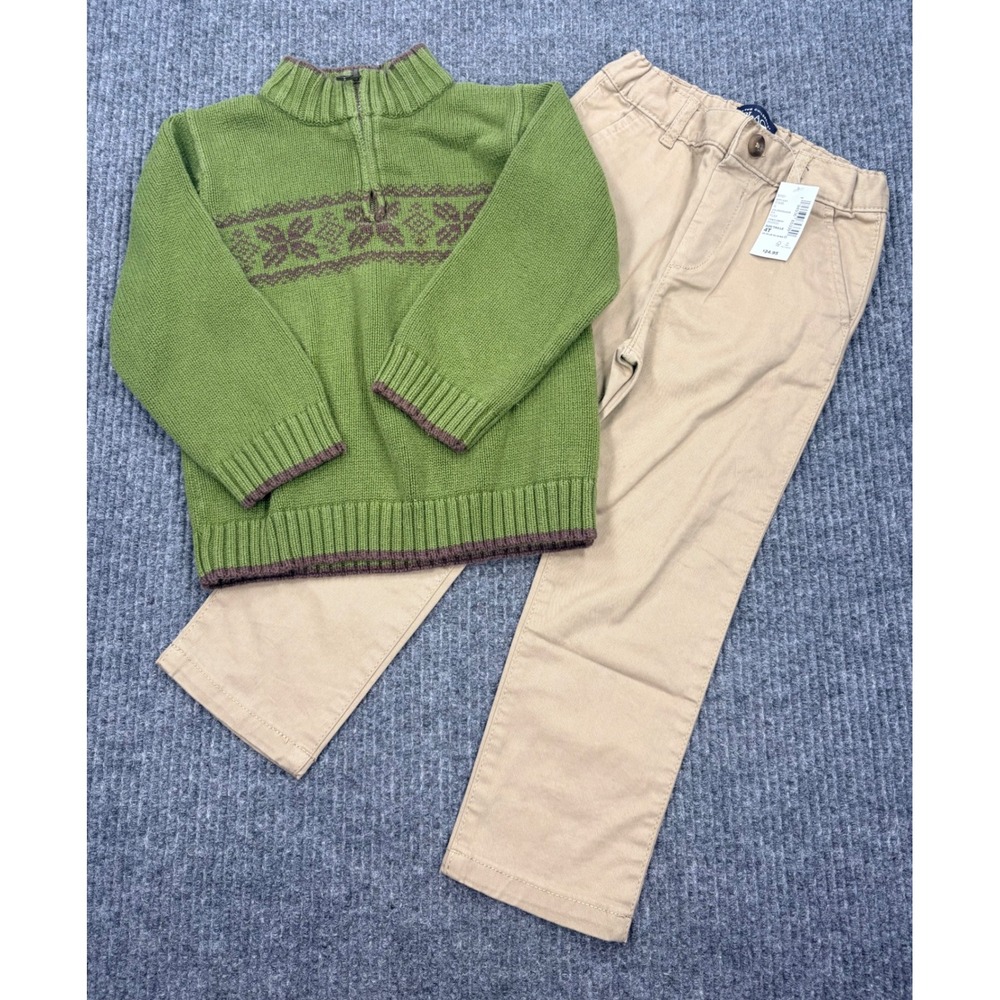 Gymboree Green Fair Isle Sweater & Childrens Place Khaki Chino Pants Set 4T
